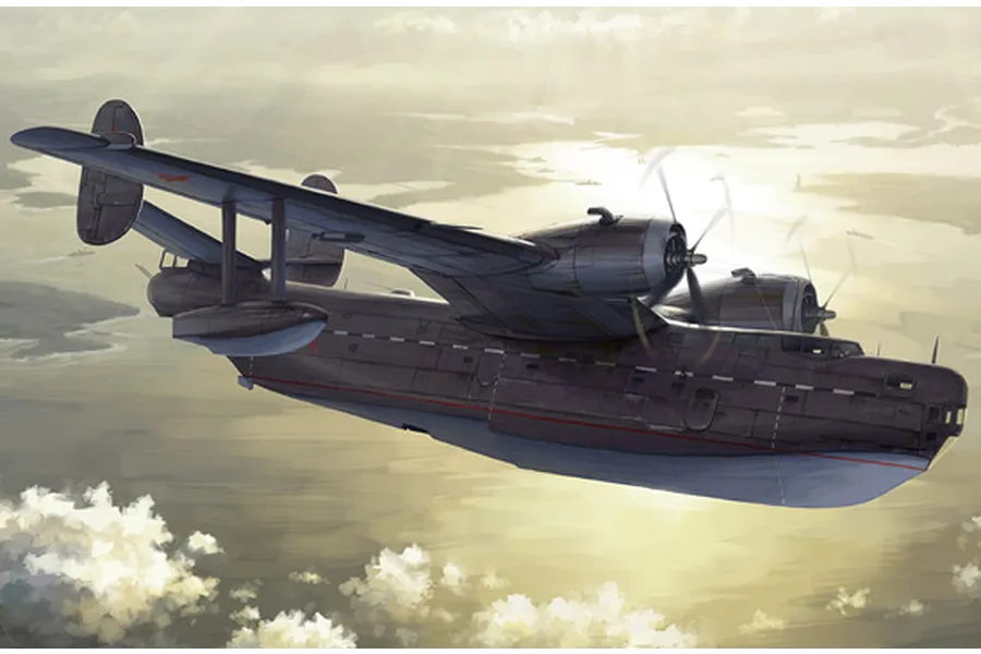 An artistic illustration of a Be-6 Madge flying boat aircraft in flight over a cloudy landscape.