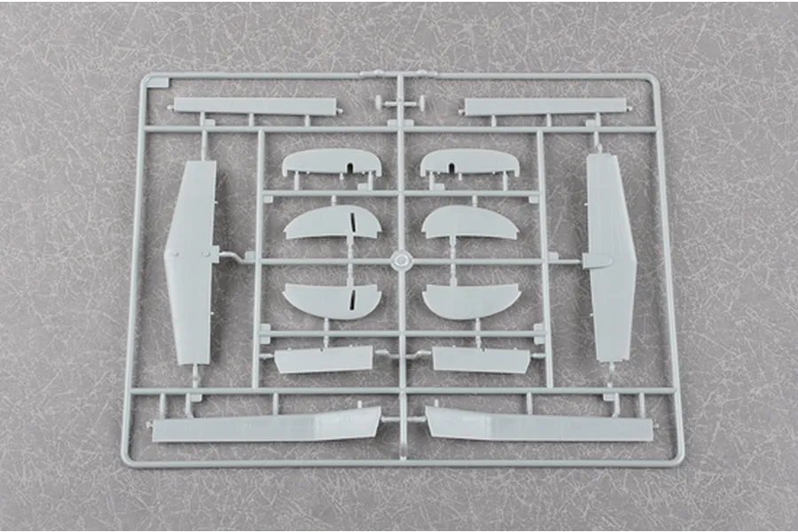A grey plastic sprue containing various aircraft model parts for the Trumpeter 1/72 Be-6 Madge kit.