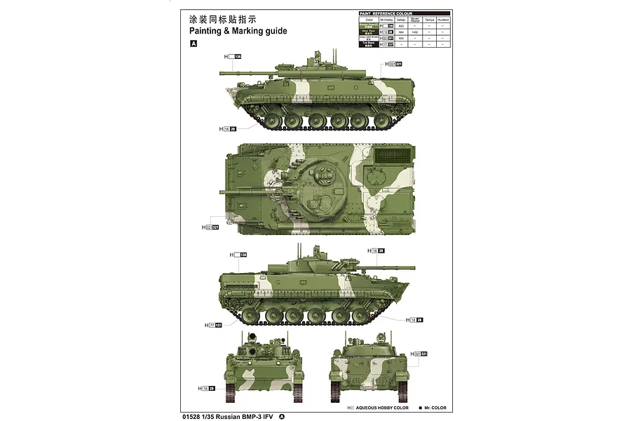 Painting and marking guide for a Trumpeter 1/35 scale Russian BMP-3 model kit, showing side, top, front, and rear views with camouflage patterns.