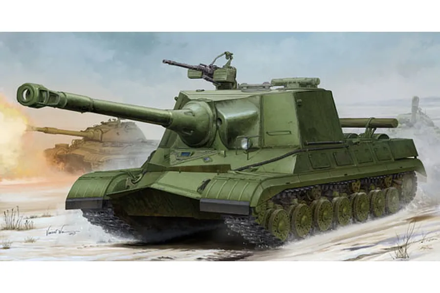 Box art illustration of a Soviet Object 268 prototype tank destroyer moving through a snowy landscape with another tank firing in the background.