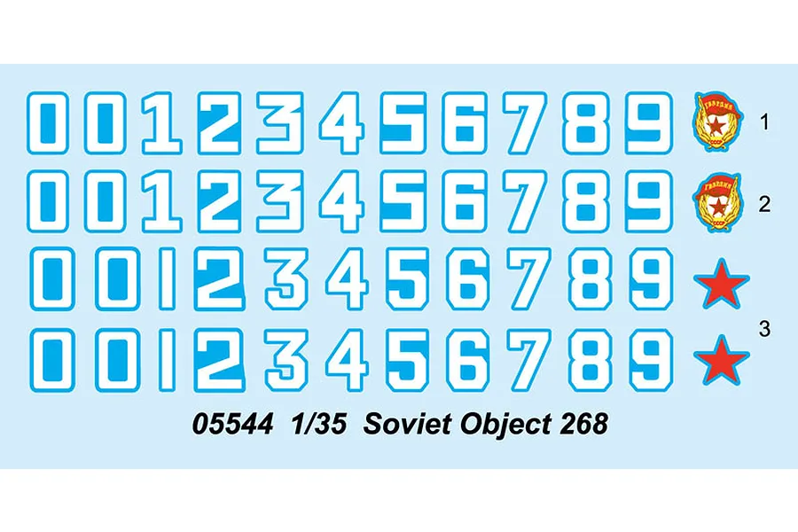 A decal sheet for the Trumpeter 1/35 Soviet Object 268 model kit, featuring rows of numbers, Soviet guard emblems, and red stars on a light blue background.