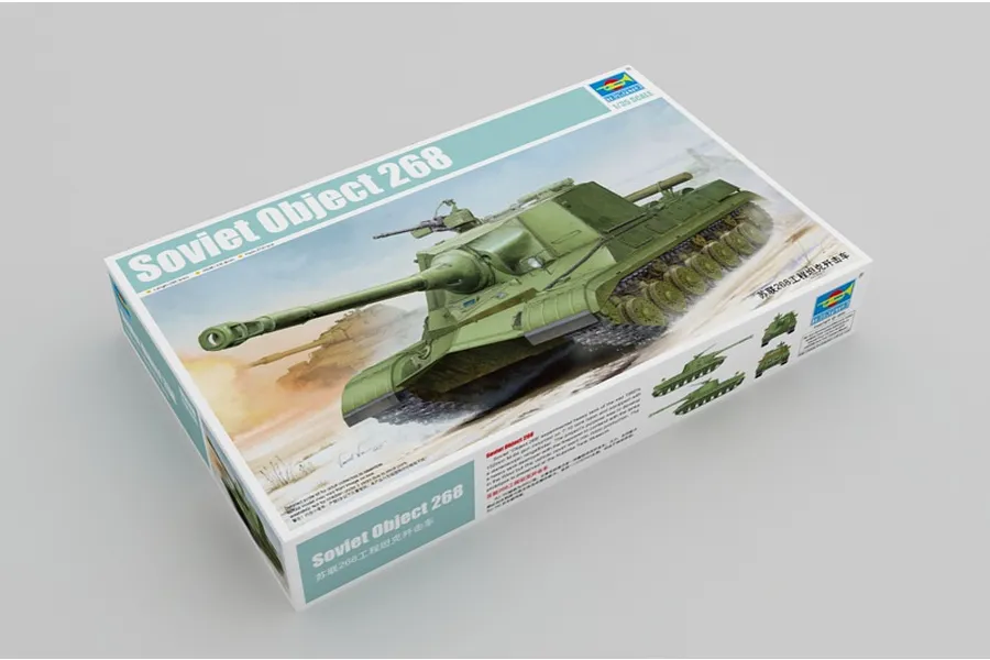 Trumpeter 1/35 scale Soviet Object 268 prototype tank destroyer model kit box showing artwork of the tank in action.