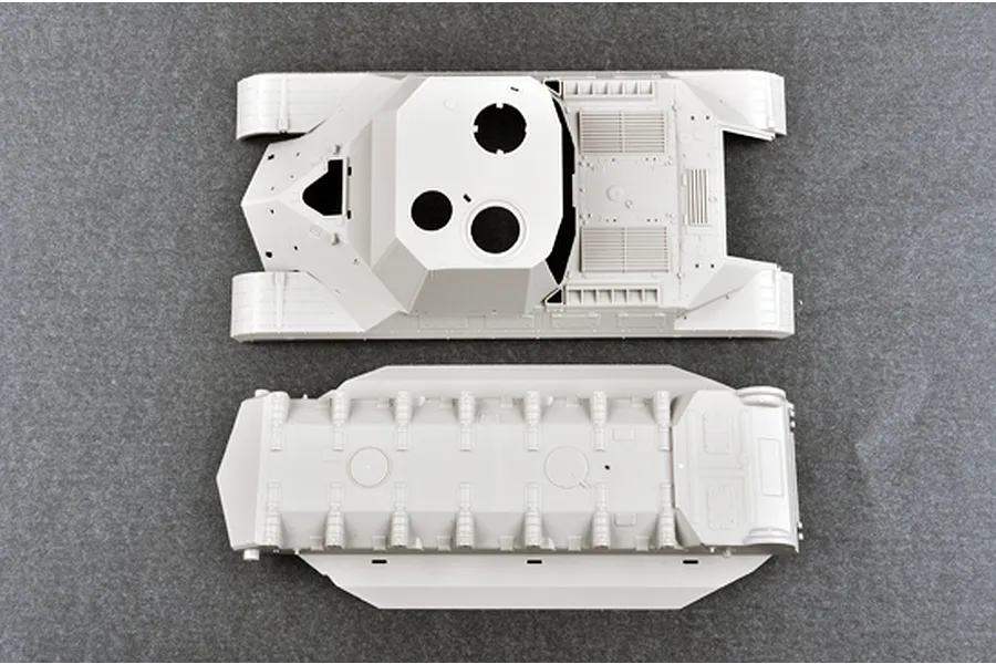 Top-down view of unpainted plastic model tank parts for the Trumpeter Object 268 prototype, showing the upper hull and lower chassis.