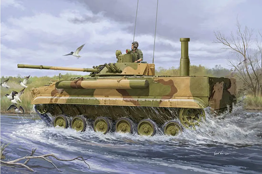 Box art illustration of a Russian BMP-3 infantry fighting vehicle driving through a river with birds flying nearby.