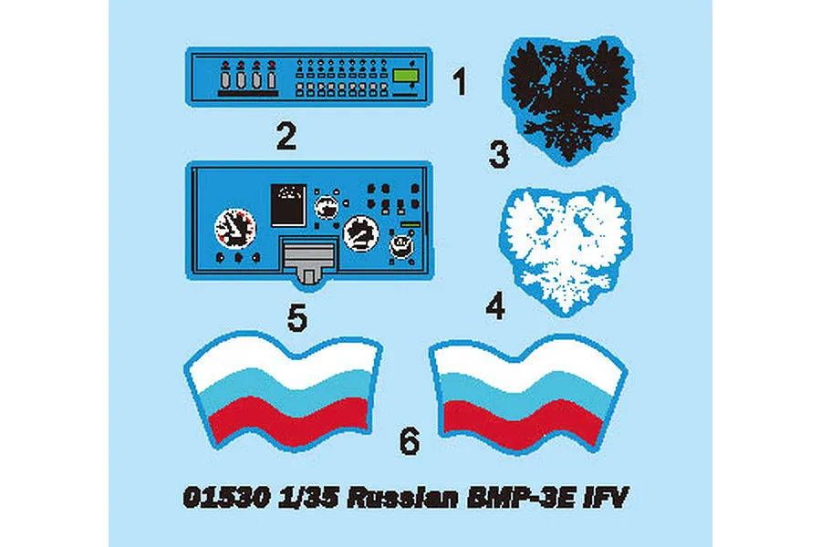A decal sheet for a 1/35 scale Trumpeter Russian BMP-3E IFV model kit, featuring instrument panels, Russian double-headed eagles, and Russian flags.