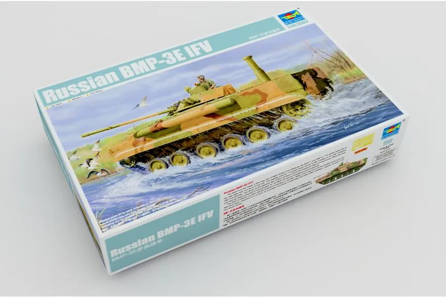 Trumpeter 1/35 scale Russian BMP-3E IFV plastic model kit box showing artwork of the tank driving through water.
