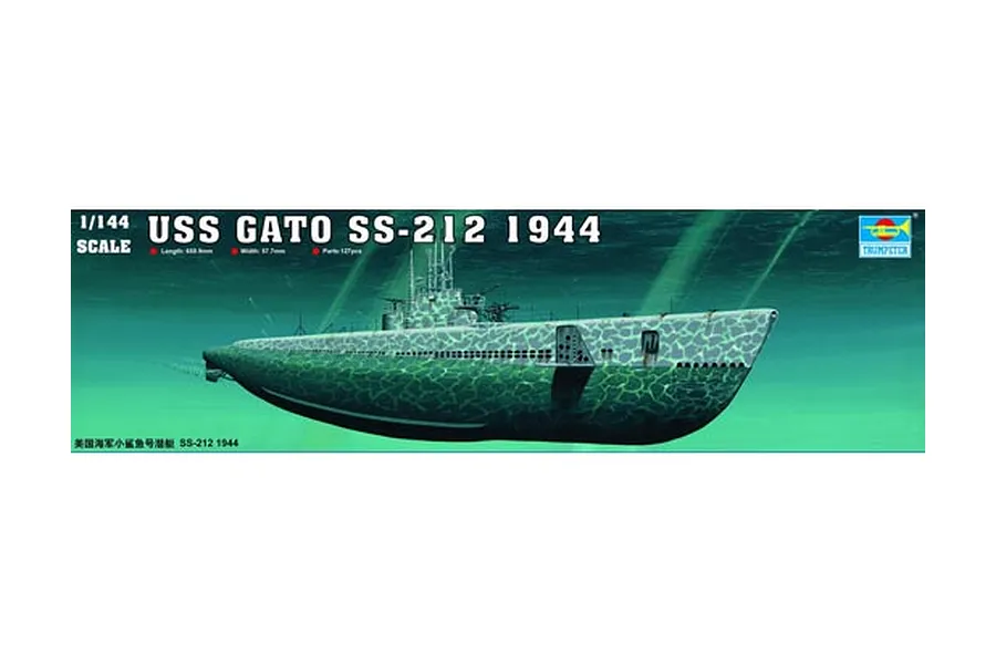 Box art for Trumpeter 1/144 scale USS Gato SS-212 1944 submarine model kit showing the vessel submerged in green water.