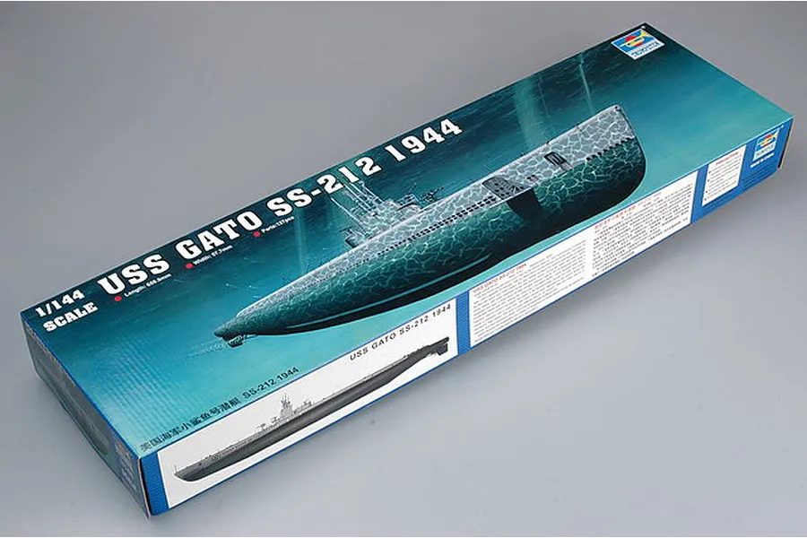 The packaging for a 1/144 scale Trumpeter USS Gato SS-212 1944 submarine model kit, showing an illustration of the submarine underwater.
