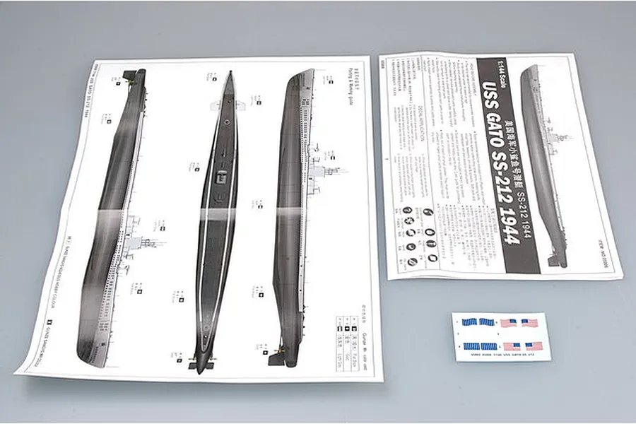 Instruction manual and decal sheet for the Trumpeter 1/144 USS Gato SS-212 1944 submarine model kit.