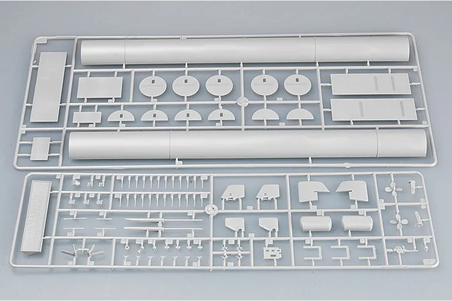 Two grey plastic model kit sprues containing parts for a 1/144 scale USS Gato submarine model.