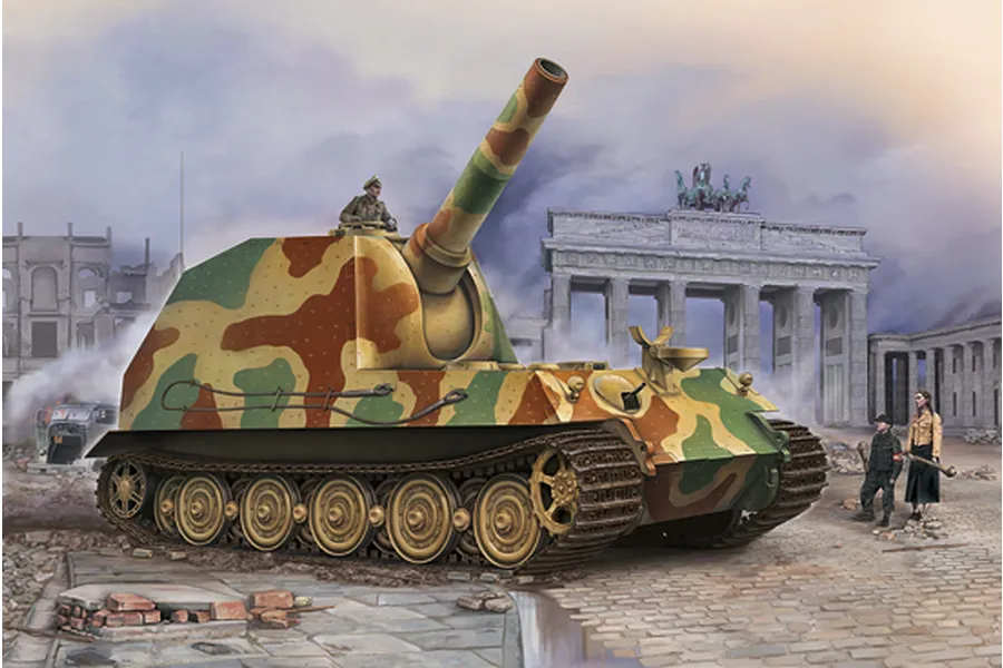 Box art illustration of a German Grille 30.5cm Morser self-propelled mortar in a camouflage paint scheme, positioned in front of the Brandenburg Gate.