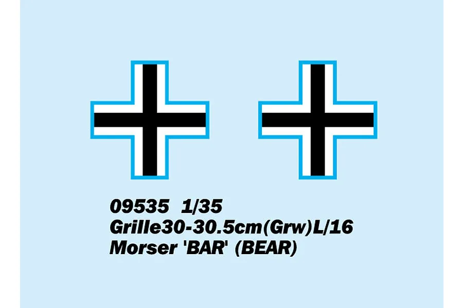 Two German Balkenkreuz decals on a light blue background, with product text below for the Trumpeter 1/35 Grille 30.5cm Morser model kit.
