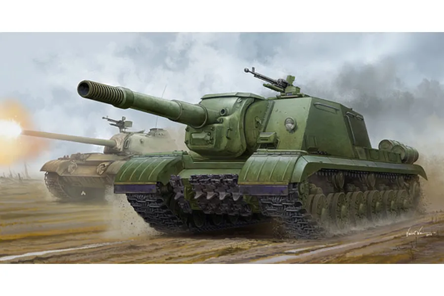 Box art illustration of a Soviet JSU-152K self-propelled gun in a green camouflage scheme, moving across a battlefield with another tank in the background.