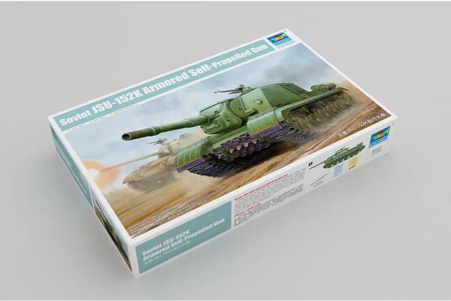 Trumpeter 1/35 scale Soviet JSU-152K Armored Self-Propelled Gun plastic model kit box art showing a green tank in a desert environment.