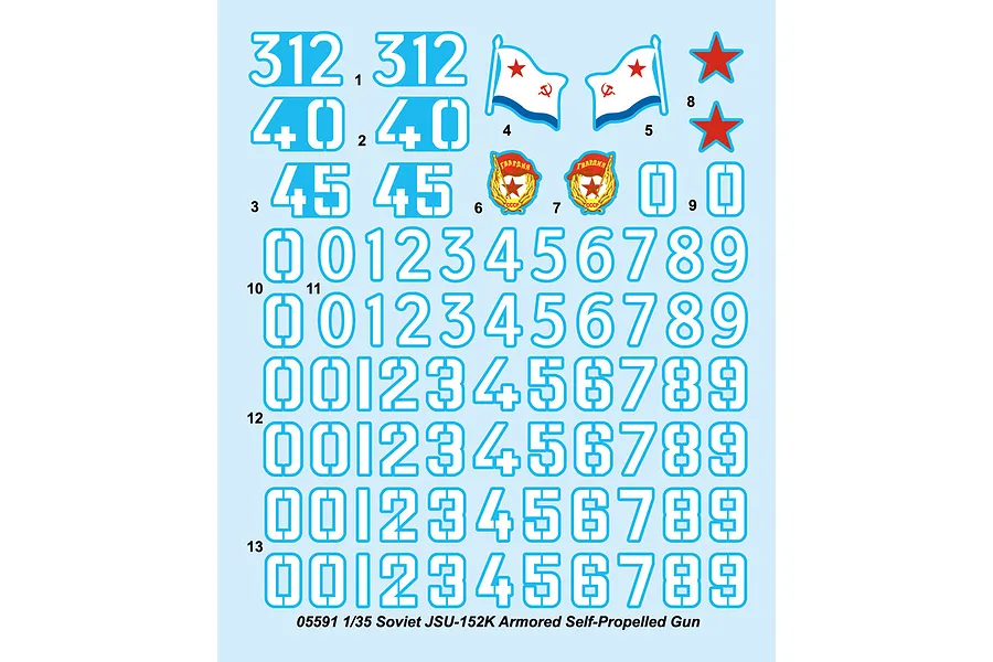 A decal sheet for a 1/35 scale Trumpeter Soviet JSU-152K model kit, featuring various numbers, Soviet red star insignias, flags, and guard emblems.