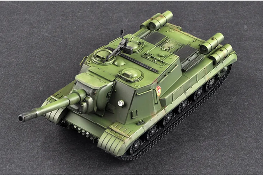 A high-angle view of a completed 1/35 scale Soviet JSU-152K self-propelled gun model, painted in olive green with weathering effects.