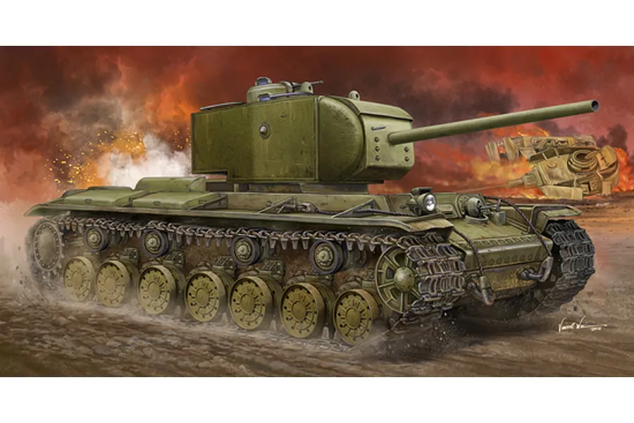Box art illustration of a Russian KV-220 tank moving across a battlefield with a burning tank in the background.