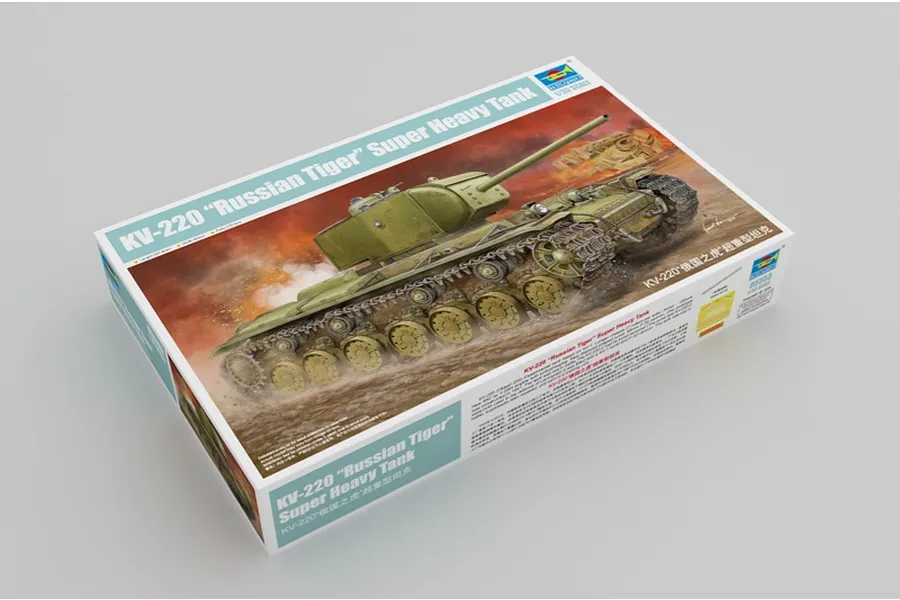 Trumpeter 1/35 scale KV-220 Russian Tiger Super Heavy Tank plastic model kit box showing artwork of the tank in a battlefield setting.