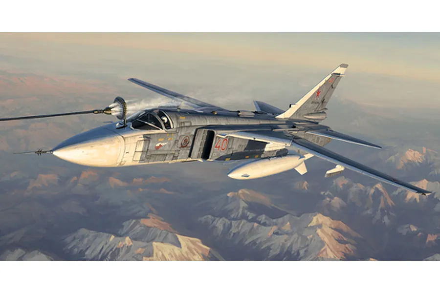 An artistic illustration of a Russian Su-24M Fencer-D jet aircraft performing an in-flight refueling maneuver over a mountainous landscape.