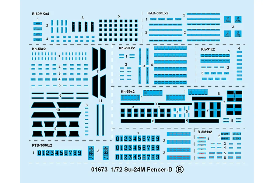 A decal sheet for the Trumpeter 1/72 Su-24M Fencer-D model kit, featuring various markings, numbers, and weapon system labels on a light blue backing.