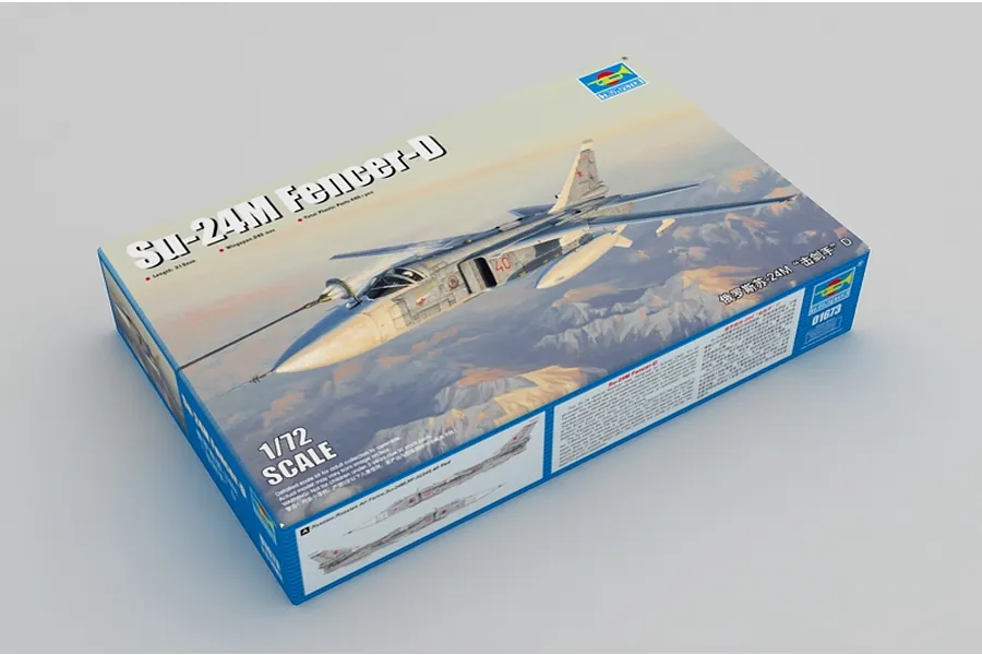 Trumpeter 1/72 scale Su-24M Fencer-D model kit box showing artwork of the aircraft in flight over mountains.