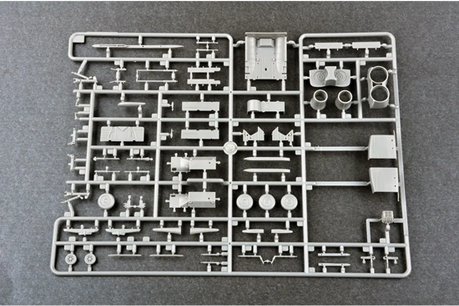 A grey plastic sprue containing various unpainted model aircraft parts for a 1/72 scale Su-24M Fencer-D model kit.