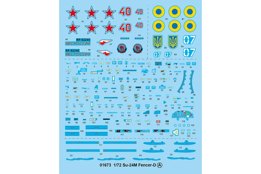 A decal sheet for a 1/72 scale Trumpeter Su-24M Fencer-D model kit, featuring various national insignia, numbers, and technical stencils.
