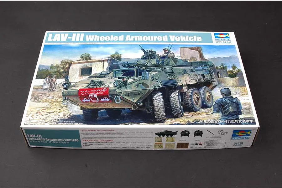 Trumpeter 1/35 scale LAV-III Wheeled Armoured Vehicle plastic model kit box showing box art of the vehicle in a desert setting.