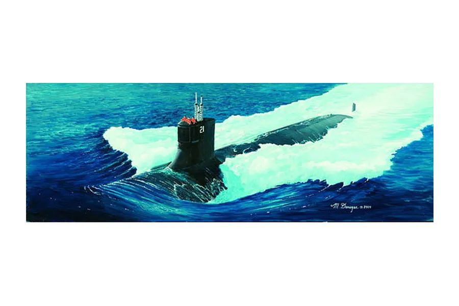 An artistic illustration of the USS Seawolf SSN-21 submarine surfacing in blue ocean water with white wake.