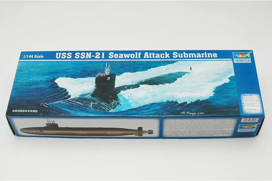 Trumpeter 1/144 scale USS Seawolf SSN-21 Attack Submarine plastic model kit box showing artwork of the submarine surfacing.