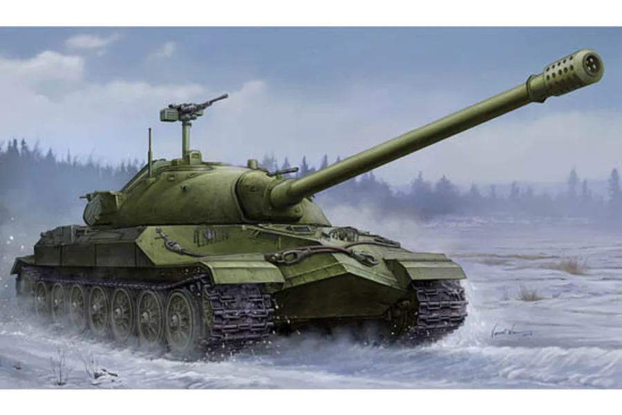 An artistic illustration of a Soviet JS-7 heavy tank moving through a snowy landscape, featuring a long barrel and olive green camouflage.