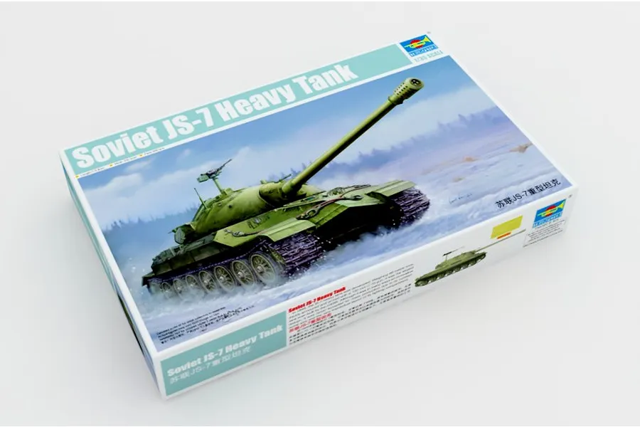 Trumpeter 1/35 scale Soviet JS-7 Heavy Tank plastic model kit box art showing a tank in a snowy landscape.