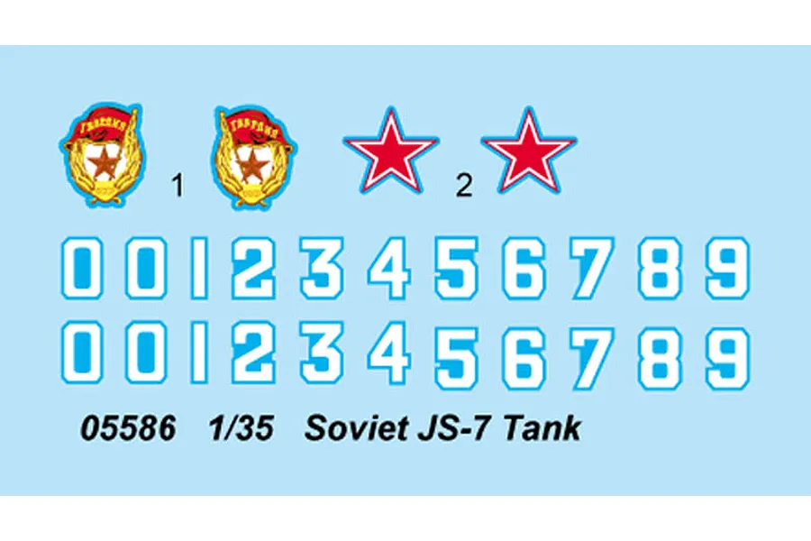 A decal sheet for the Trumpeter 1/35 Soviet JS-7 Heavy Tank model kit, featuring red stars, unit emblems, and sets of numbers from 0 to 9.
