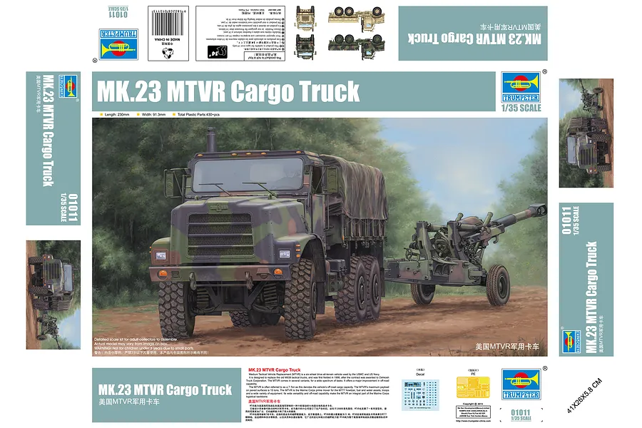Flat layout of the Trumpeter 1/35 scale MK.23 MTVR Cargo Truck model kit packaging, showing box art, technical details, and product information.