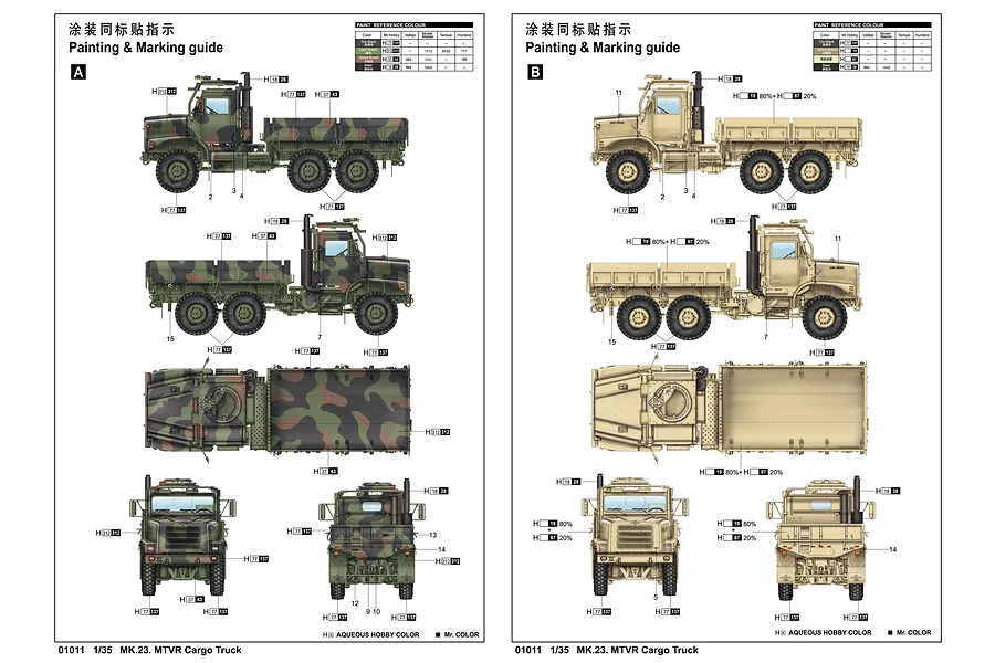 Painting and marking guide for a Trumpeter 1/35 scale MK.23 MTVR truck model kit, showing camouflage and desert tan paint schemes from multiple angles.