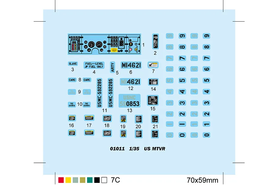 A decal sheet for a 1/35 scale Trumpeter US MK.23 MTVR truck model kit, featuring dashboard gauges, USMC markings, and various warning labels.