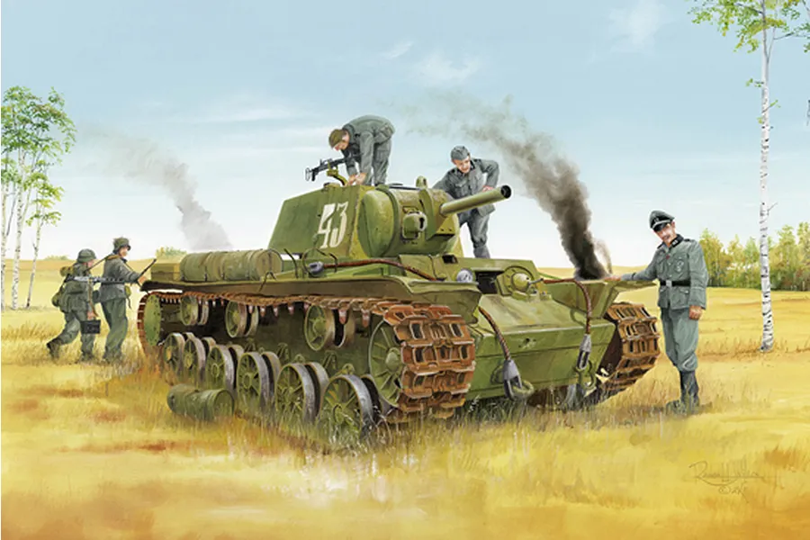 Box art illustration for a Trumpeter 1/35 scale Soviet KV-8 heavy tank model kit, featuring soldiers around a green tank in a field.