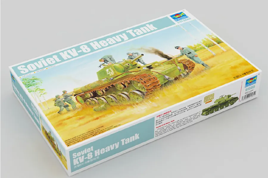 Trumpeter 1/35 scale Soviet KV-8 Heavy Tank plastic model kit box, featuring box art of the tank in a field with soldiers.