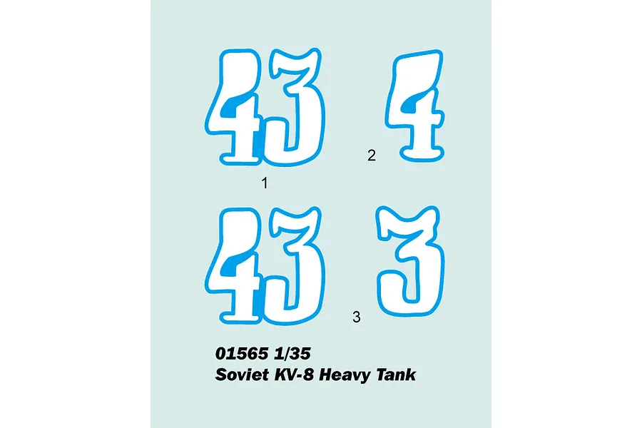 A digital decal sheet graphic for a 1/35 scale Soviet KV-8 tank model kit, showing white numbers 43, 4, and 3 with blue outlines on a light blue background.