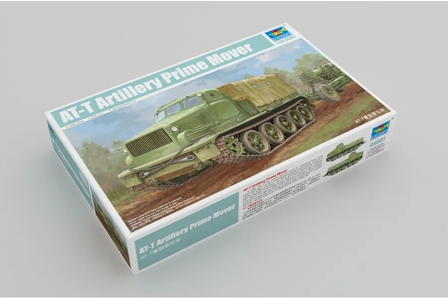 Trumpeter 1/35 scale AT-T Artillery Prime Mover plastic model kit box showing artwork of the tracked vehicle on a light grey background.