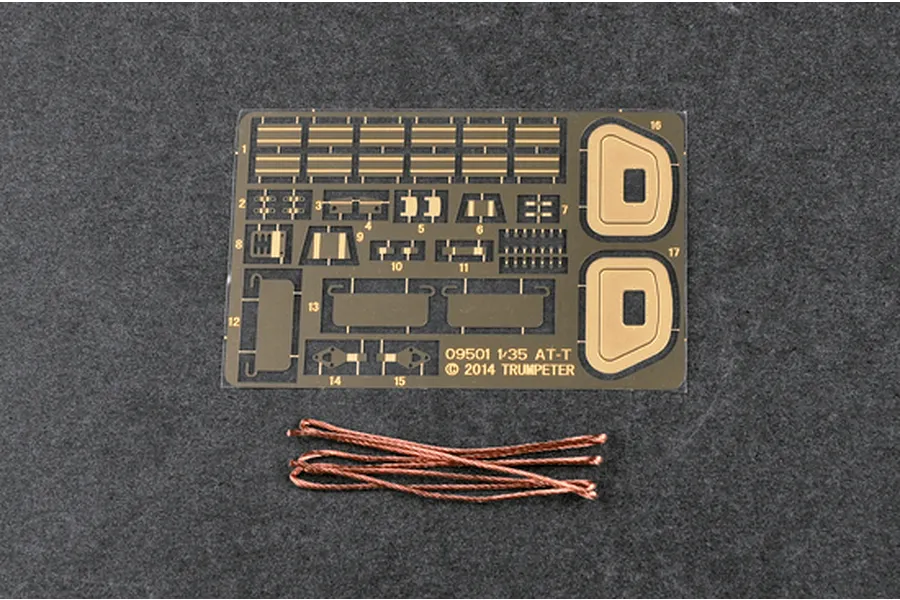 A photo-etched brass fret and a length of copper wire for the Trumpeter 1/35 scale AT-T Artillery Prime Mover model kit.