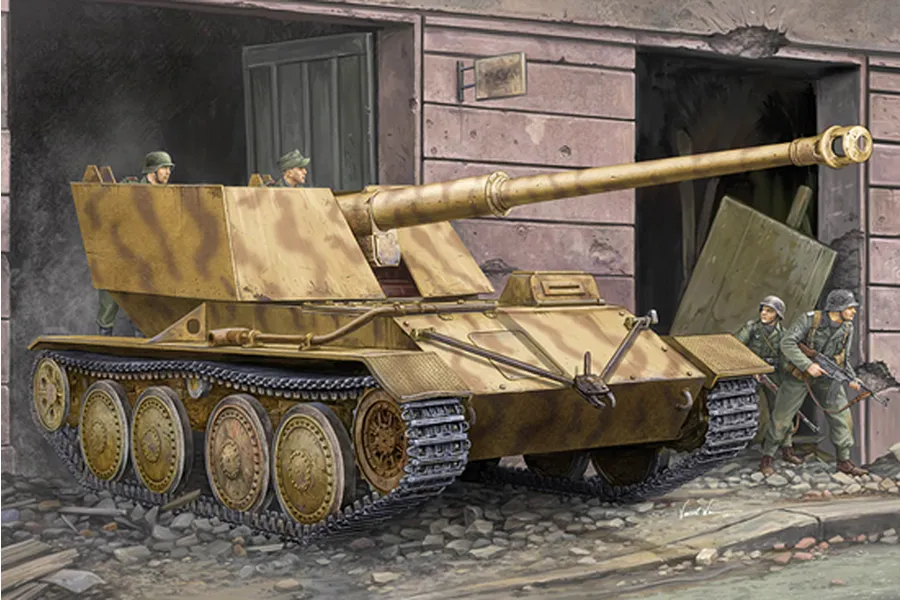 Box art illustration of a German Krupp/Adrelt Waffentrager 88mm Pak-43 self-propelled gun with soldiers in a war-torn urban setting.