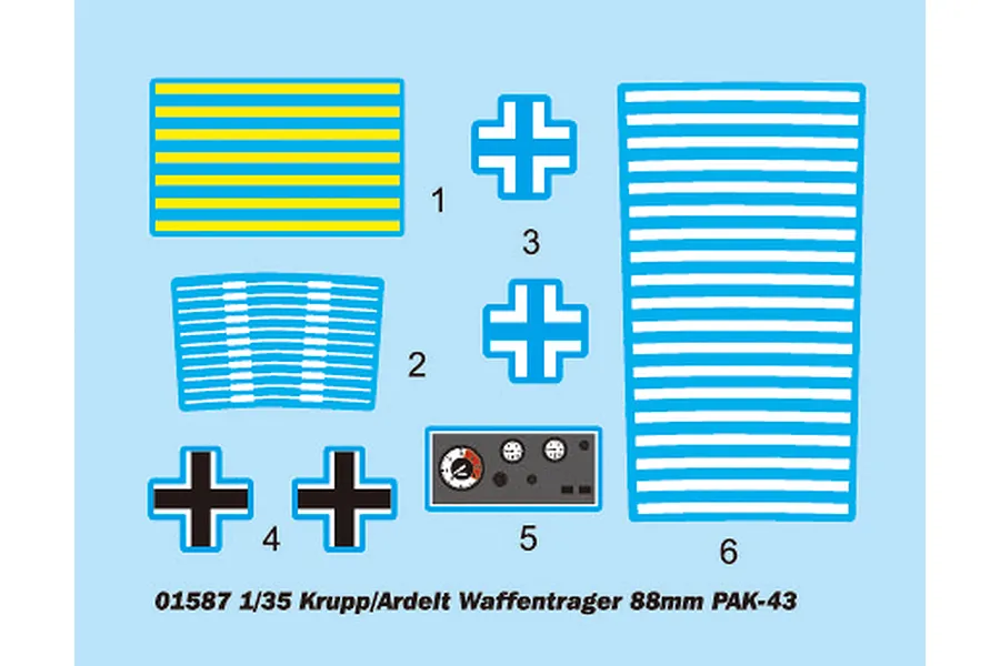 A decal sheet for the Trumpeter 1/35 Krupp/Ardelt Waffentrager 88mm Pak-43 model kit, featuring various markings, stripes, and a dashboard instrument panel.
