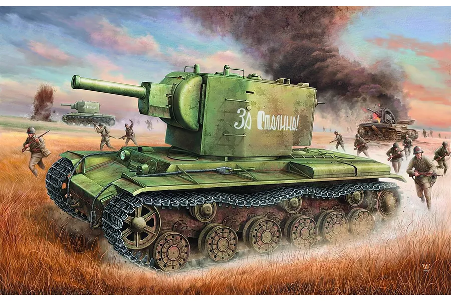 Box art illustration of a Russian KV-2 tank in a battlefield scene with soldiers and smoke in the background.