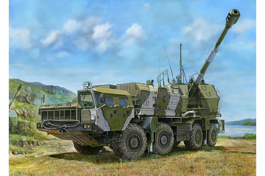 Box art illustration of a Russian A-222 Bereg 130mm coastal defense artillery truck in a field setting.
