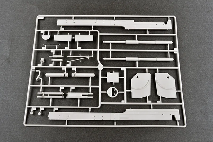 A grey plastic model kit sprue containing various parts for a 1/35 scale Russian A-222 Bereg coastal defense gun model.