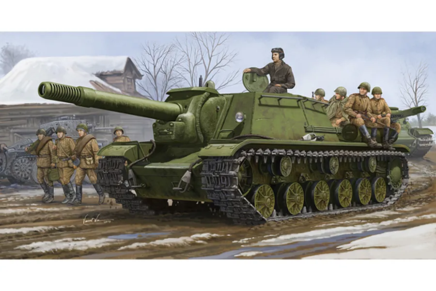 Box art illustration of a Soviet SU-152 self-propelled gun with soldiers in a snowy, rural landscape.