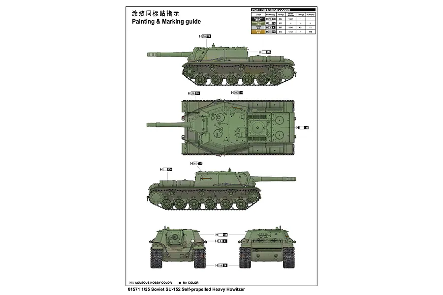 Painting and marking guide for a Trumpeter 1/35 scale Soviet SU-152 self-propelled heavy howitzer model kit, showing side, top, front, and rear views.