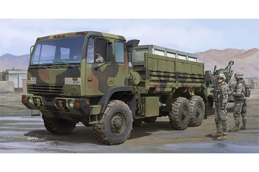 Box art illustration of a Trumpeter 1/35 scale M1083 military cargo truck in camouflage, with two soldiers standing nearby in a desert environment.
