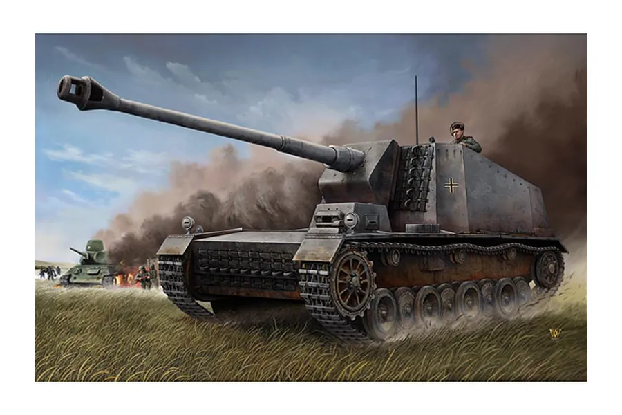 Box art illustration of a German 12.8cm Selbstfahrlafette L/61 self-propelled gun in a battlefield setting with a burning tank in the background.